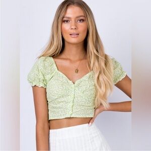Princess Polly Green Floral Crop Button Up Top